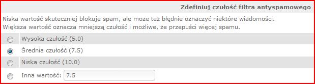 Czułość filtra antyspamowego