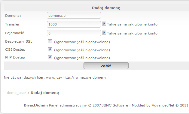 Formularz dodawania domeny Formularz dodawania domeny