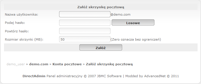Formularz zakładania konta e-mail